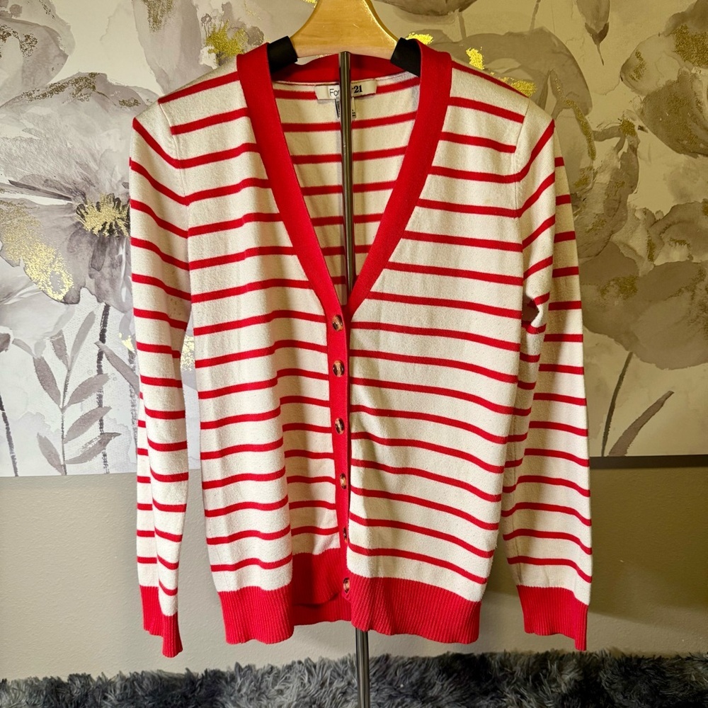 Forever 21 Red and White Striped Cardigan Womens L